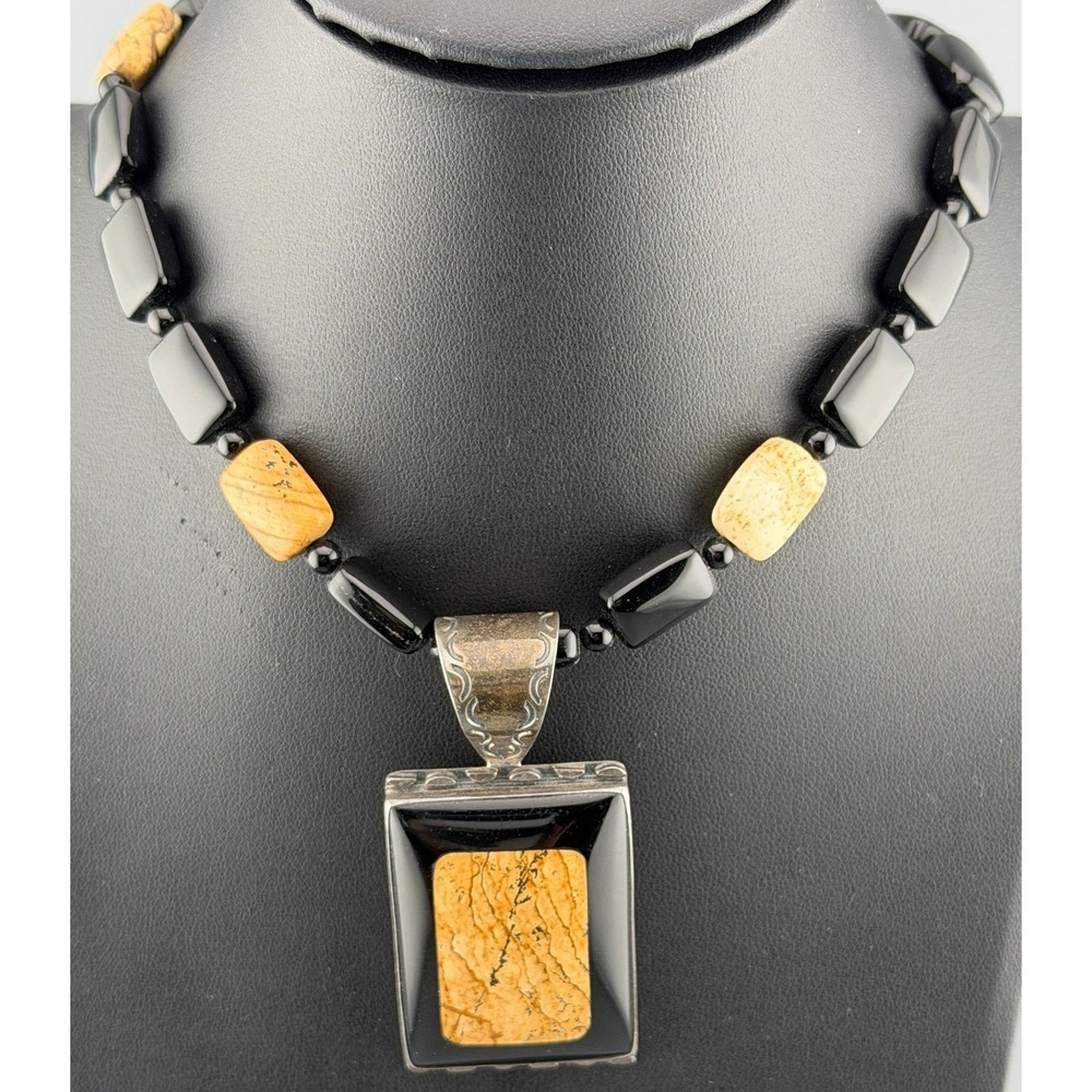 Vintage DTR Sterling Silver Pendant Necklace Onyx Picture Jasper Stone  18"